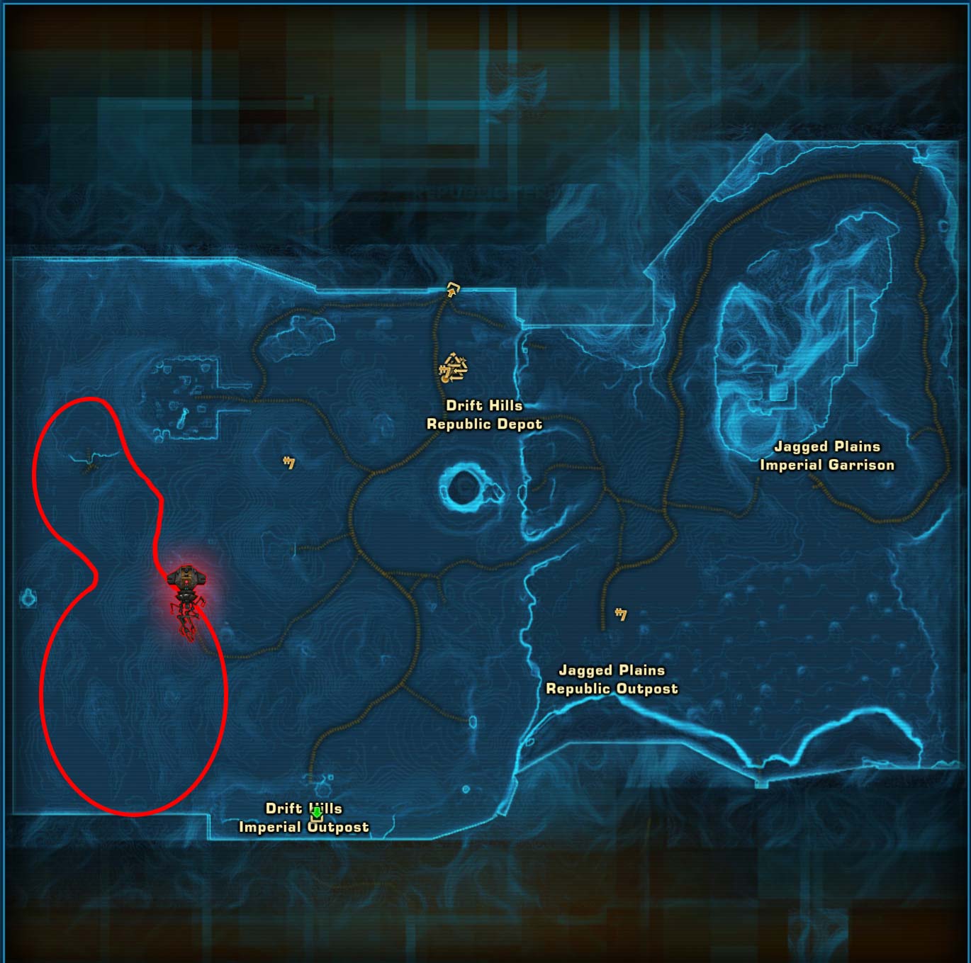 Die rote Umrandung zeigt das Suchgebiet des patrouillierenden Droiden am Westrand der Clabburn Tundra.