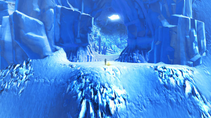 Am Ende des Tunnels wartet das gelbe Datacron im Schnee.