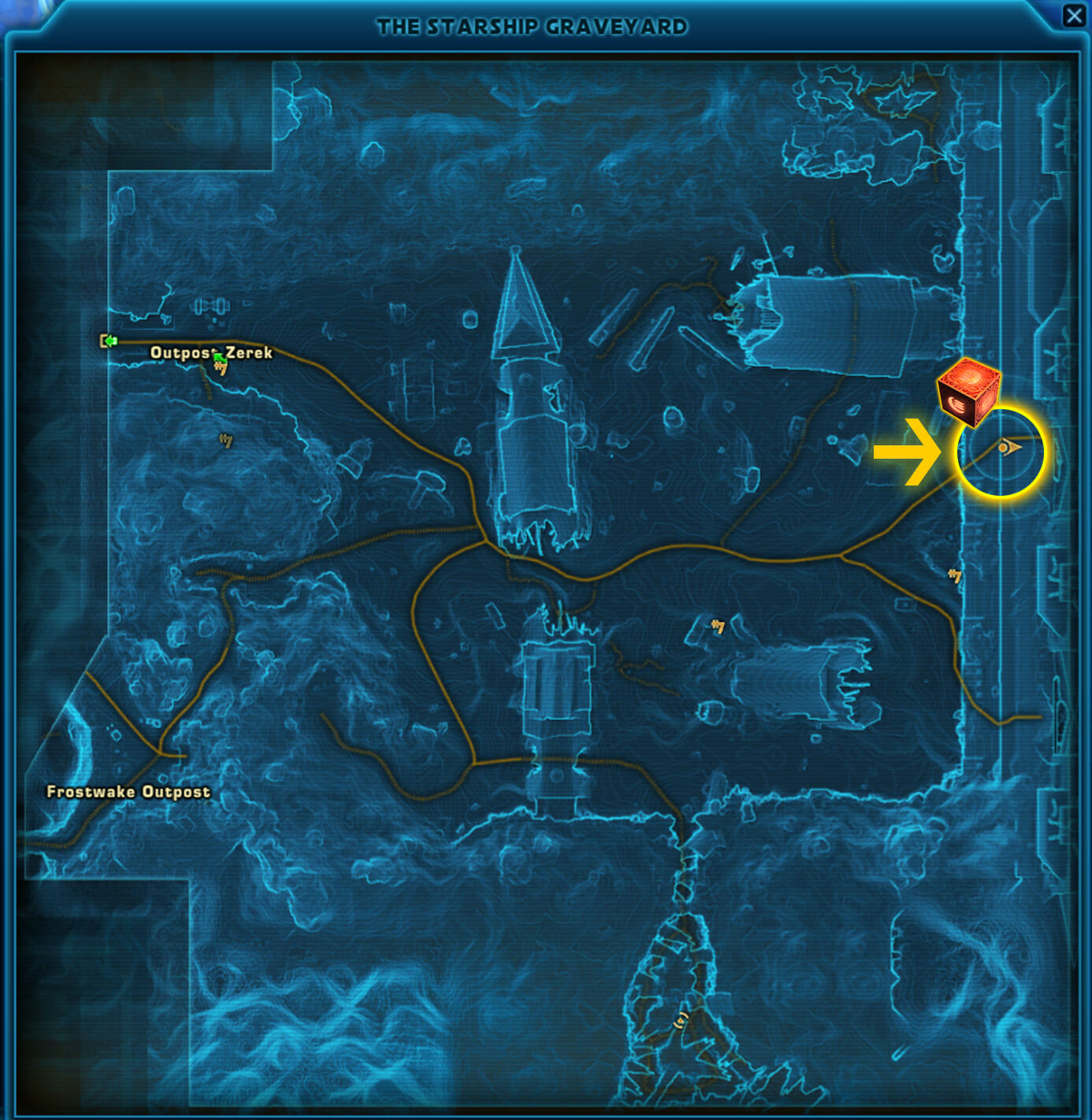 Mit dem leeren Datacron geht es zum markierten Eingang des großen Schiffswracks.