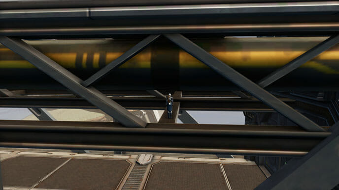 Über den rechtwinklig abzweigenden Träger gehst du unter die Brücke.