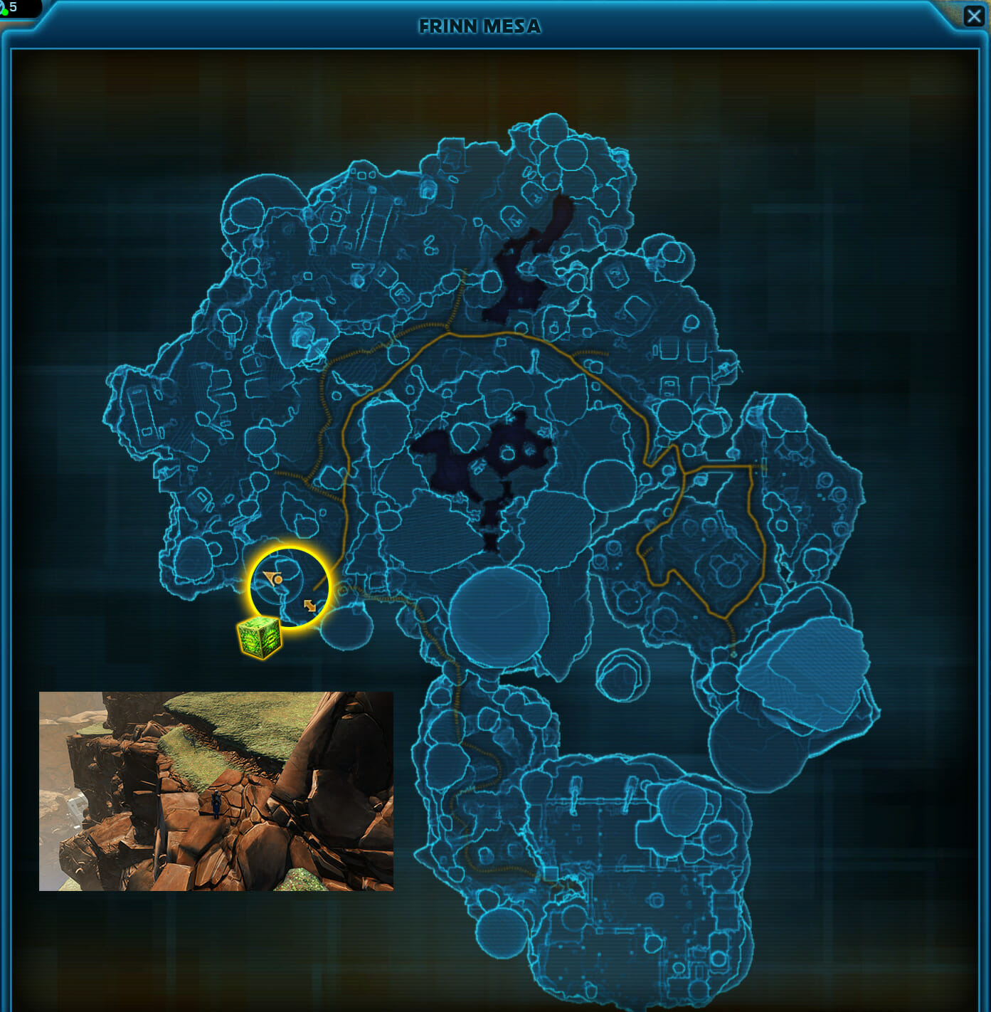 Die gelbe Markierung zeigt den Einstieg in den Ausdauerweg, nicht das Datacron.
