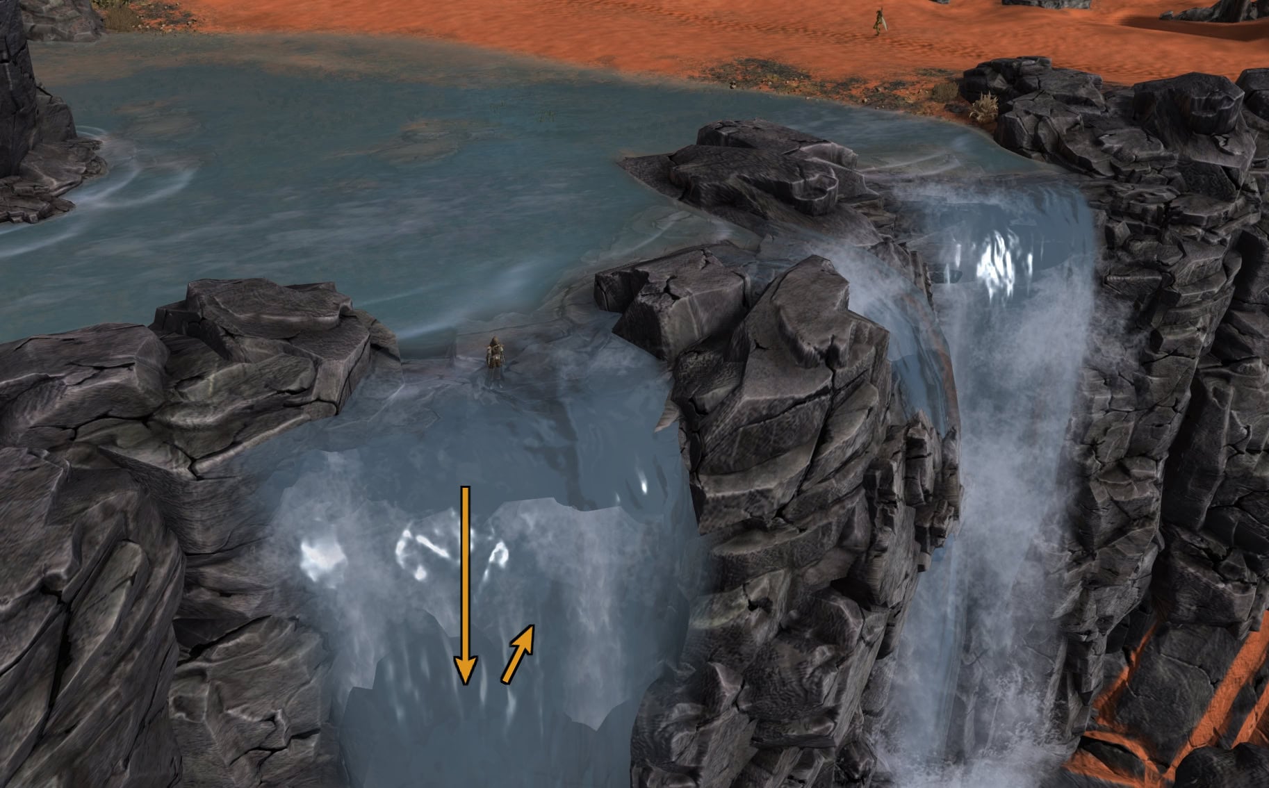 Lass dich an der markierten Stelle zum schmalen Absatz hinter dem Wasserfall hinab.