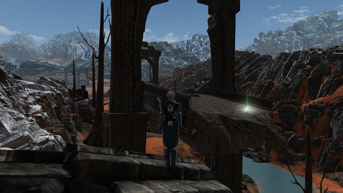 Von den oberen Stufen aus siehst du das Datacron auf dem gegenüberliegenden Brückenteil.