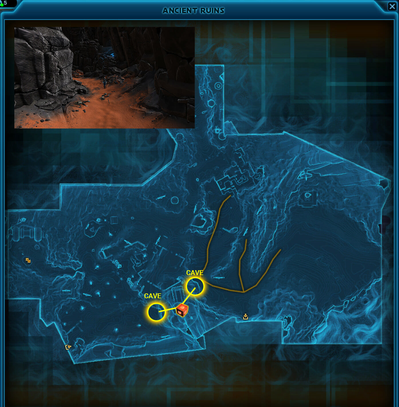 Die Höhle im Süden der Ancient Ruins ist der Einstieg zum roten Datacron.