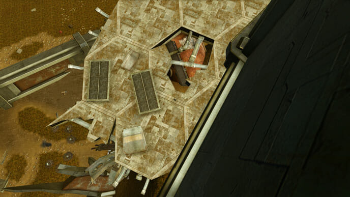 Unter dem Sims liegt die Plattform mit der Öffnung zum Zielrohr.