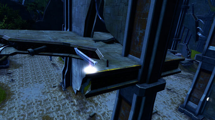 Auf dieser hohen Platte kannst du das violette Datacron einsammeln.