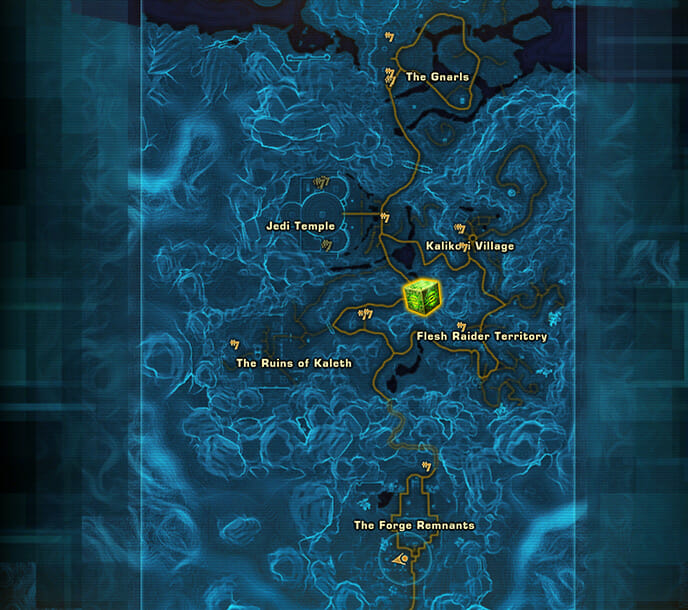 Das grüne Datacron liegt zwischen Kaleth und Flesh Raider Territory, südlich des Jedi-Tempels.