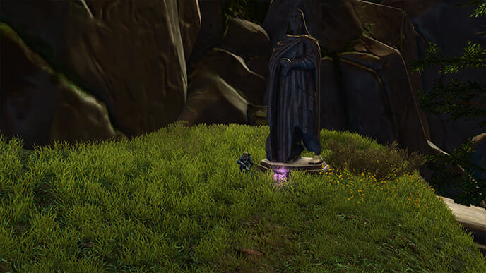 Das violette Datacron liegt direkt am Sockel der Statue auf der oberen Wiese.
