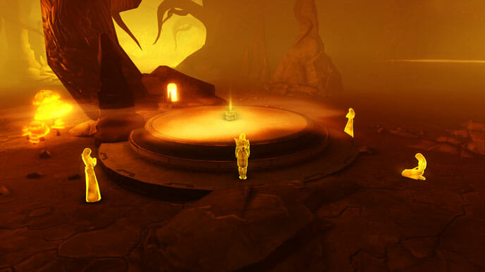 Das gelbe Datacron steht auf dem runden Podest in der goldenen Geisterwelt.