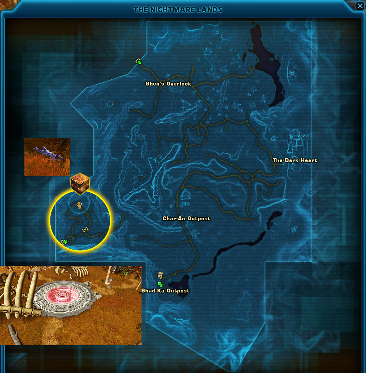 Der gelbe Kreis markiert das Suchgebiet im Westen der Nightmare Lands.