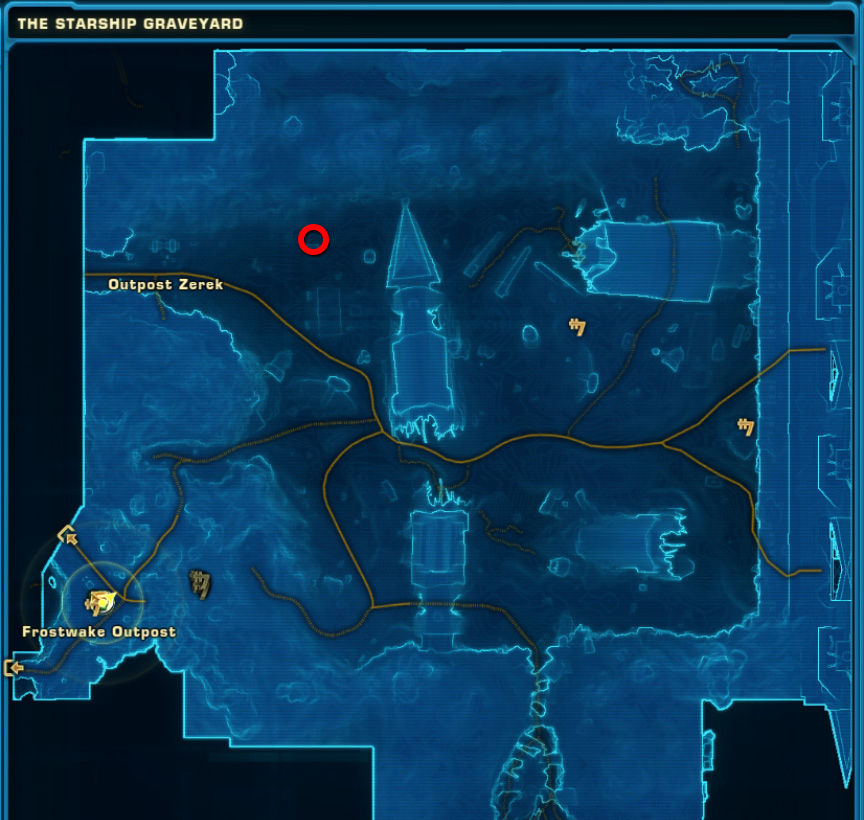Gebietskarte mit Zerek im Nordwesten, Frostwake im Südwesten und rotem Kreis bei Giladas Standort