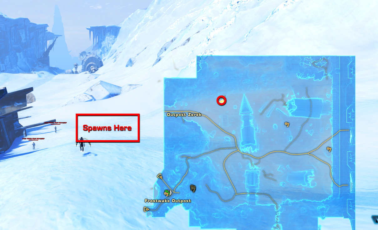 Schneehang bei einem Wrack und Piraten mit markierter Spawnstelle und eingeblendeter Karte