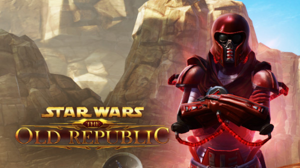 Preeda in roter Rüstung vor der Felslandschaft von Tatooine