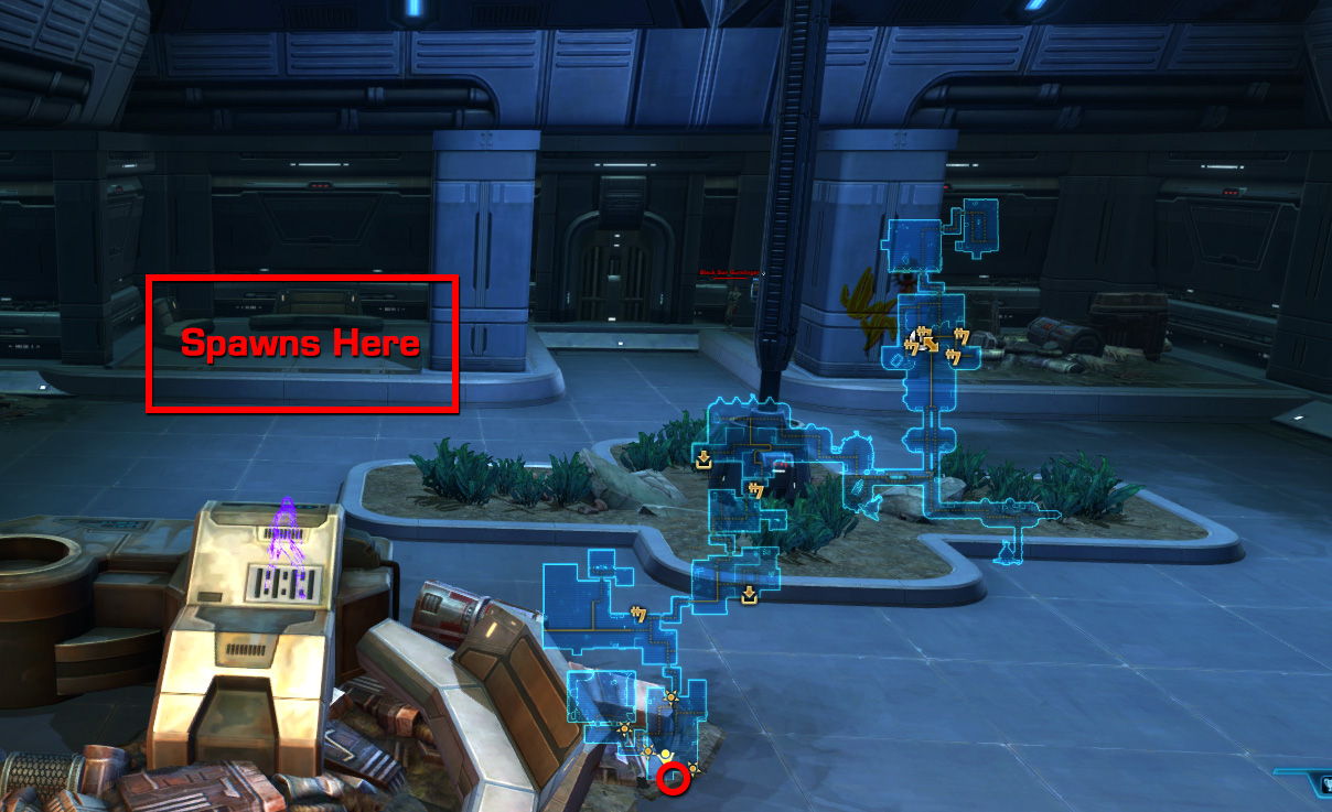 Die Sitznische an der südlichen Wand ist rot umrahmt. Diese Aufnahme zeigt den Spawnplatz ohne anwesenden Boss; die eingeblendete Karte hilft beim Wiedererkennen.